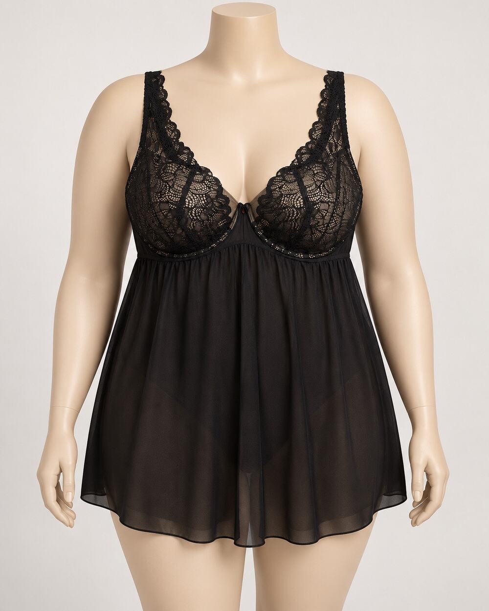 Cacique Women’s  42DD Lace Strappy Babydoll Black  Nightie scalloped hem on cups
